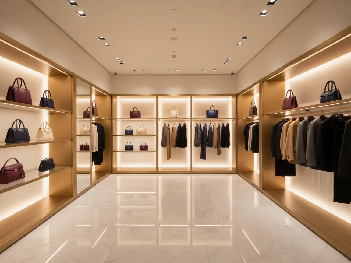Empty luxury boutique with marble floors, backlit brass shelves, designer handbags, and tailored blazers under spotlights.