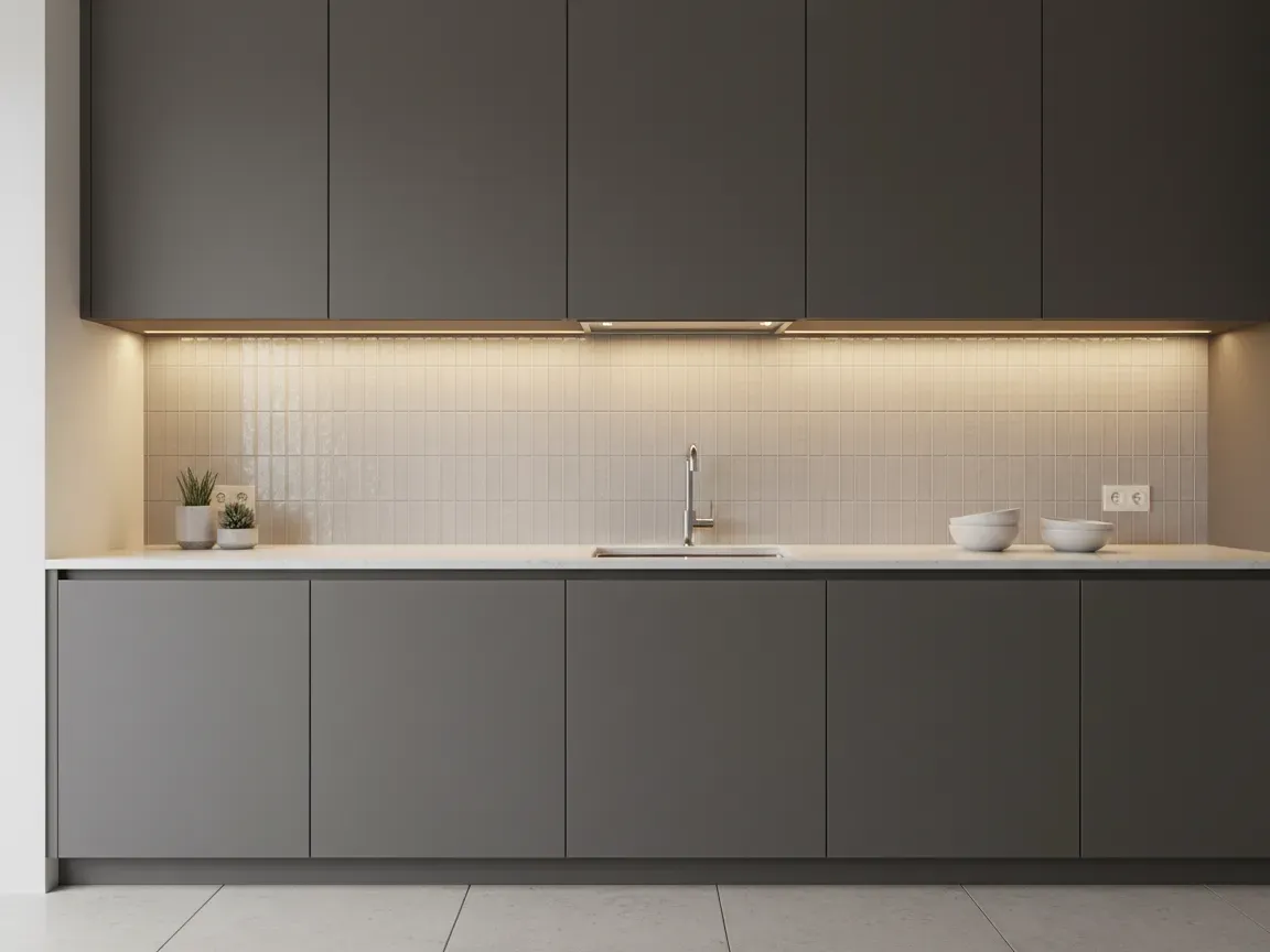 Under-cabinet LED lighting casting a warm glow on polished quartz kitchen countertops and a sleek backsplash.