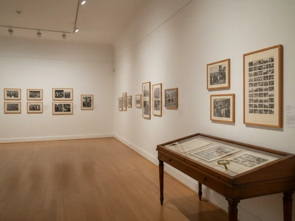 Empty vintage museum gallery with framed documentary photos on white walls, hardwood floors, and soft warm lighting.