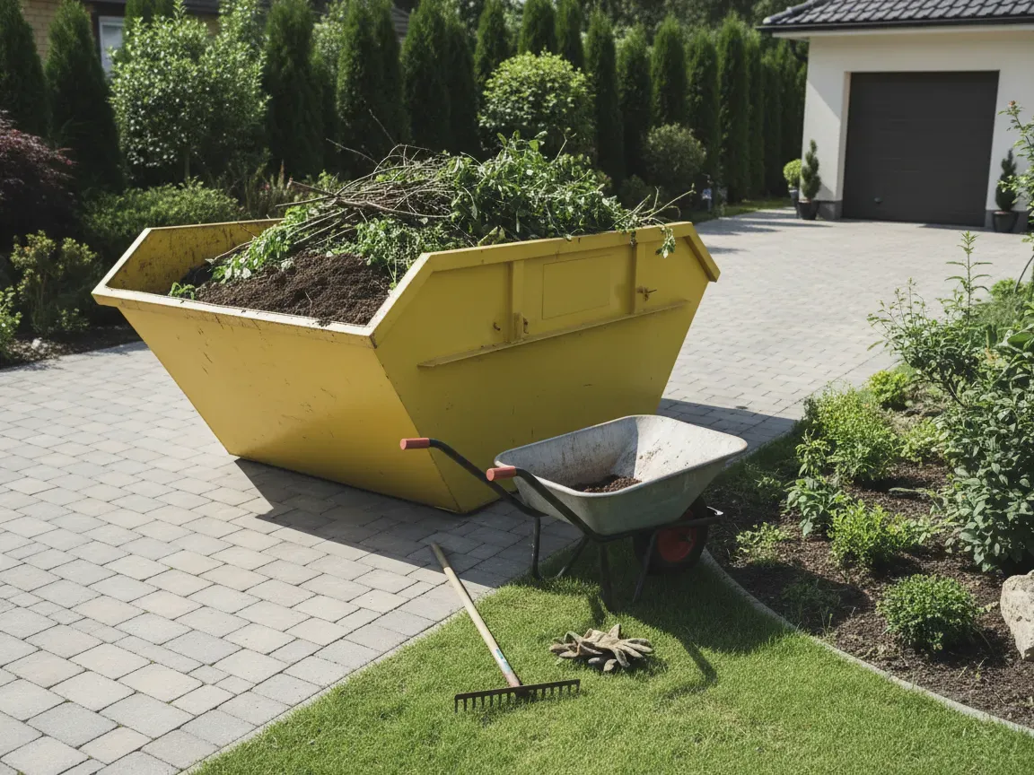 Yellow skip bin with garden waste on a suburban driveway beside a lawn with a wheelbarrow and rake.