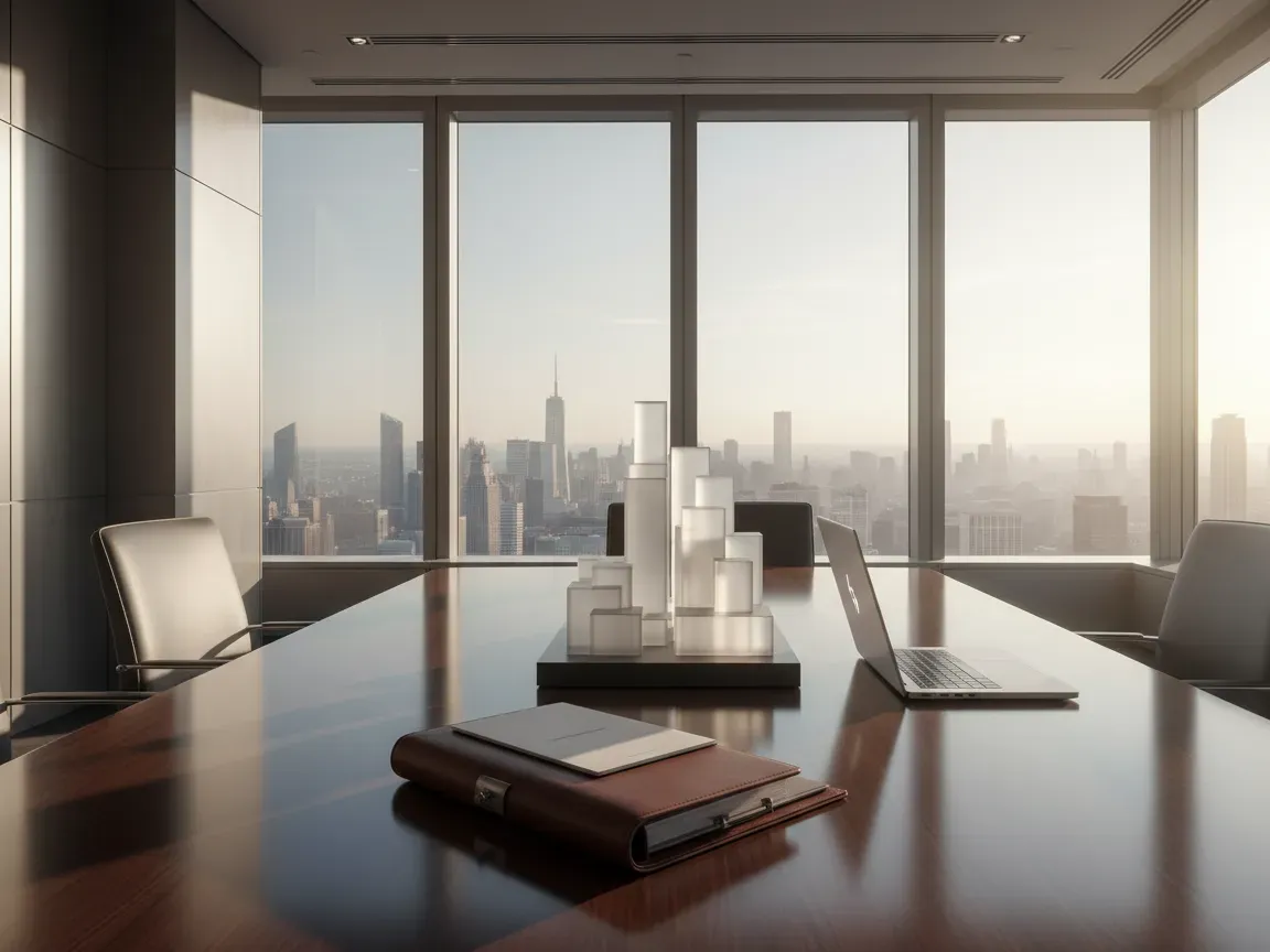 Modern boardroom table with a laptop, portfolio, and glass architectural model overlooking a city skyline at morning.