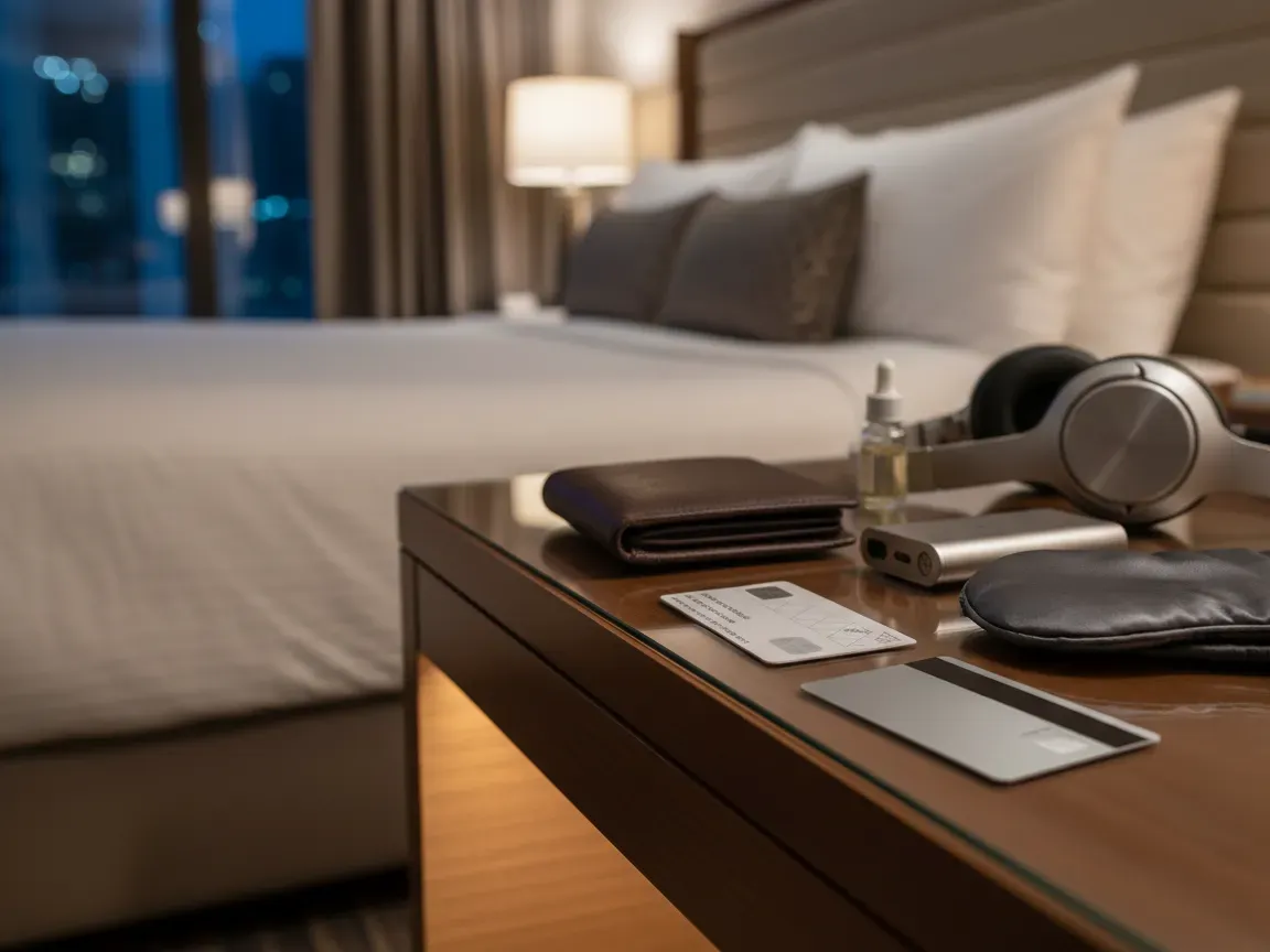 Metal credit card, keycards, and a leather wallet on a luxury hotel suite nightstand in warm, soft lighting.