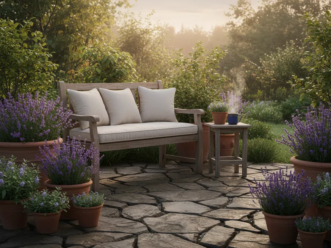 A stone patio at sunrise with an empty wooden bench, steaming mug on a table, and potted lavender in a lush garden.