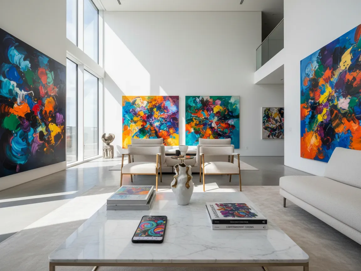 Sunlit modern art collector apartment with abstract paintings and a smartphone on a marble coffee table.