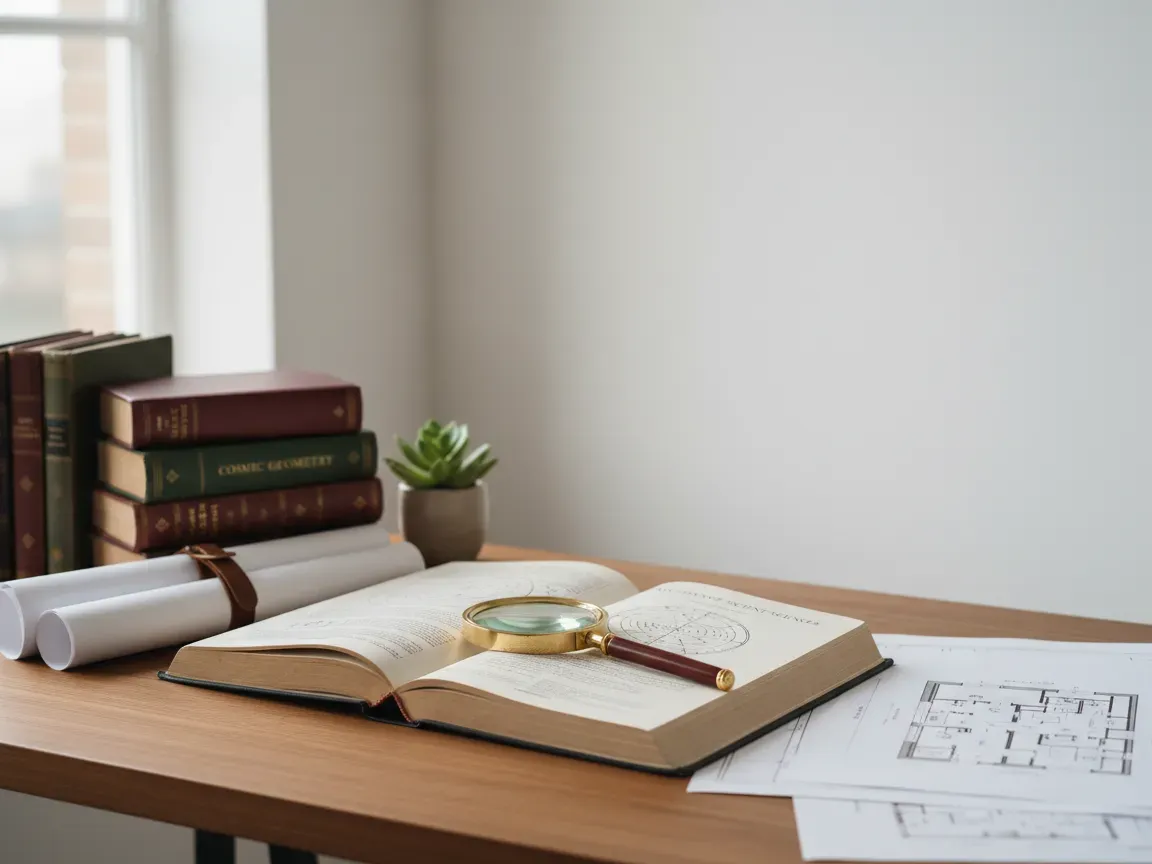 A glowing magnifying glass rests on an open journal on a wooden desk with blueprints and leather-bound books.